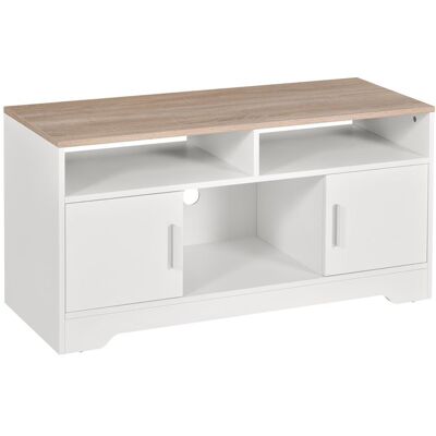 Meuble TV HOMCOM Blanc et Bois - Étagère moderne avec rangement - Publicité Meuble TV HOMCOM Blanc et Bois - Étagère moderne avec rangement - Publicité