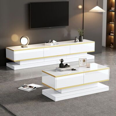 Generic Ensemble meuble TV et table basse blanc brillant console TV avec 3 tiroirs table basse avec 2 tiroirs bordure dorée Armoire TV Blanc - Publicité Generic Ensemble meuble TV et table basse blanc brillant console TV avec 3 tiroirs table basse avec 2 tiroirs bordure dorée Armoire TV Blanc - Publicité