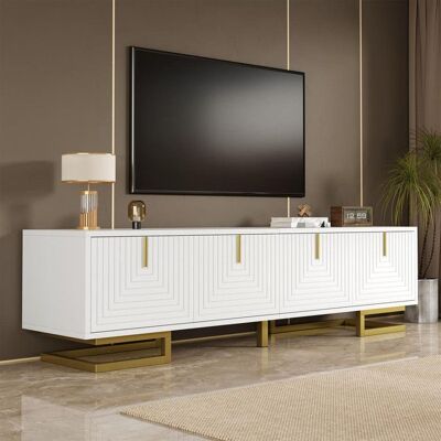 Generic Meuble TV buffet bas avec portes texturées Meuble télé poignées et pieds dorés Meuble TV bois Armoire TV Blanc - Publicité Generic Meuble TV buffet bas avec portes texturées Meuble télé poignées et pieds dorés Meuble TV bois Armoire TV Blanc - Publicité