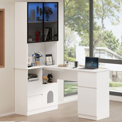 LEMLIT Bureau dangle Multifonction 120x80x180 cm Vitrine LED Bibliothèque avec Verre Gris Passage Câbles 3 Tiroirs et 2 Portes - Blanc Blanc - Publicité LEMLIT Bureau dangle Multifonction 120x80x180 cm Vitrine LED Bibliothèque avec Verre Gris Passage Câbles 3 Tiroirs et 2 Portes - Blanc Blanc - Publicité