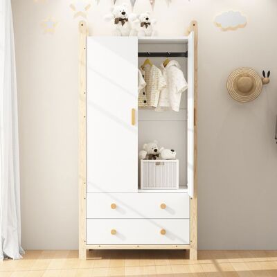 Armoire Chambre - MERAX - 2 Portes 2 Tiroirs et Penderie - Blanc & pin naturel - 90×45×180 cm - MERAX Blanc - Publicité Armoire Chambre - MERAX - 2 Portes 2 Tiroirs et Penderie - Blanc & pin naturel - 90×45×180 cm - MERAX Blanc - Publicité