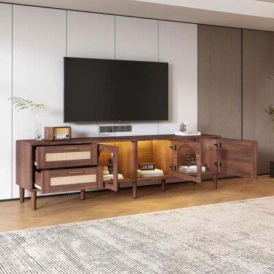 Blueline Grand Meuble TV Vintage Armoire pour télé 80 - 2 Tiroirs en Rotin - Portes en Verre bombé Eclairage LED Banc TV Marron 180 cm Marron - Publicité Blueline Grand Meuble TV Vintage Armoire pour télé 80 - 2 Tiroirs en Rotin - Portes en Verre bombé Eclairage LED Banc TV Marron 180 cm Marron - Publicité