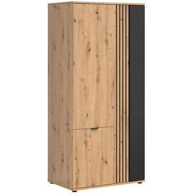 PEGANE Armoire meuble de rangement à 3 portes avec décor lamellescoloris Chêne artisan/Noir Noir - Publicité PEGANE Armoire meuble de rangement à 3 portes avec décor lamellescoloris Chêne artisan/Noir Noir - Publicité