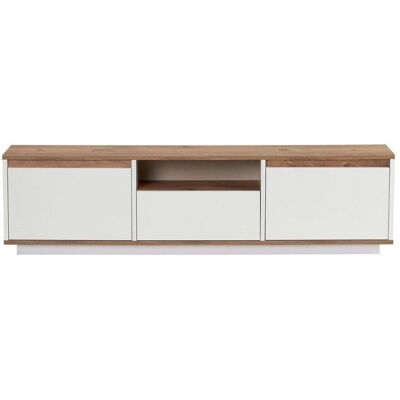 CALICOSY - Meuble TV 3 abattants 1 niche L160 cm - LUME - Blanc/ Pin atlantique Blanc - Publicité CALICOSY - Meuble TV 3 abattants 1 niche L160 cm - LUME - Blanc/ Pin atlantique Blanc - Publicité