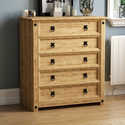 VIDA DESIGNS Commode rustique Corona en pin massif avec 5 tiroirs finition cirée – Meuble de chambre Beige - Publicité VIDA DESIGNS Commode rustique Corona en pin massif avec 5 tiroirs finition cirée – Meuble de chambre Beige - Publicité