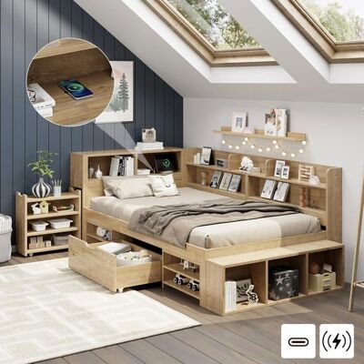 LEMONBEST Lit Enfant 90 x 200 cm Lit Coffre avec Chargement sans Fil et Port USB Tables de Chevet étagères et armoires de Rangement Marron - Publicité LEMONBEST Lit Enfant 90 x 200 cm Lit Coffre avec Chargement sans Fil et Port USB Tables de Chevet étagères et armoires de Rangement Marron - Publicité