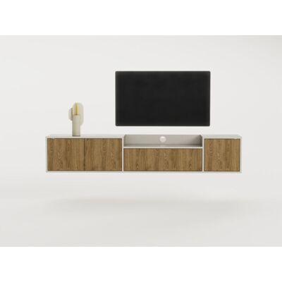 Meuble TV PINELLA – Crème & Chêne Foncé – 3 portes battantes 1 porte abattante – 200 x 35 x 37 cm - Publicité Meuble TV PINELLA – Crème & Chêne Foncé – 3 portes battantes 1 porte abattante – 200 x 35 x 37 cm - Publicité