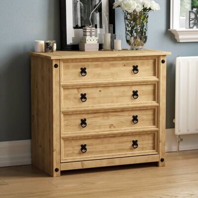 VIDA DESIGNS Commode rustique Corona en pin massif avec 4 tiroirs finition cirée – Meuble de chambre Beige - Publicité VIDA DESIGNS Commode rustique Corona en pin massif avec 4 tiroirs finition cirée – Meuble de chambre Beige - Publicité