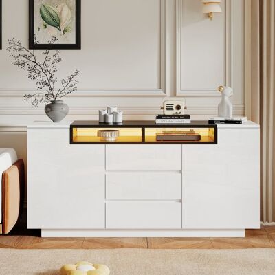 Buffet bas - LEMONBEST - 140 x 40 x 68 cm - Éclairage LED - 2 portes 3 tiroirs - Finition brillante Blanc - Publicité Buffet bas - LEMONBEST - 140 x 40 x 68 cm - Éclairage LED - 2 portes 3 tiroirs - Finition brillante Blanc - Publicité