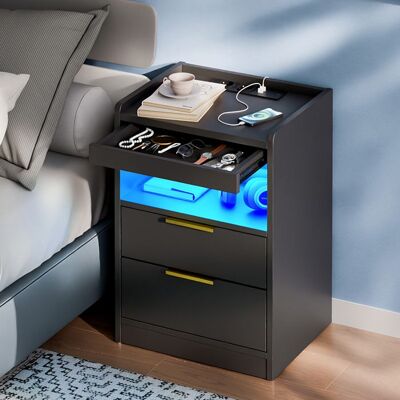 Mondeer Table de Chevet LED avec Tiroir Caché Table de Nuit Charge USB/Prise 3 Tiroirs+Compartiment Ouvert 60x37x35cm Noir Noir - Publicité Mondeer Table de Chevet LED avec Tiroir Caché Table de Nuit Charge USB/Prise 3 Tiroirs+Compartiment Ouvert 60x37x35cm Noir Noir - Publicité
