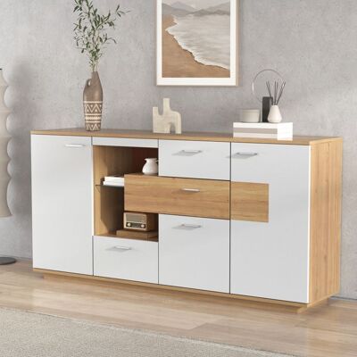 MERAX Buffet Blanc et Bois avec éclairage LED tiroirs et portes – Meuble Rangement moderne pour salon & salle à manger 160 x 40 x 70 cm Jaune - Publicité MERAX Buffet Blanc et Bois avec éclairage LED tiroirs et portes – Meuble Rangement moderne pour salon & salle à manger 160 x 40 x 70 cm Jaune - Publicité