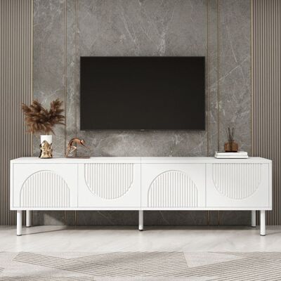 OEM Meuble TV Blanc Moderne - Finition Mate 180cm Gestion Câbles Relief 3D en Forme de Croissant Pied Central Réglable en Hauteur Blanc - Publicité OEM Meuble TV Blanc Moderne - Finition Mate 180cm Gestion Câbles Relief 3D en Forme de Croissant Pied Central Réglable en Hauteur Blanc - Publicité