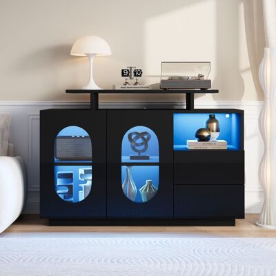 LEMONBEST Buffet salon avec éclairage LED et 2 portes ovales en verre 120x40x80 cm Buffet noir avec 2 tiroirs et étagères réglables Noir - Publicité LEMONBEST Buffet salon avec éclairage LED et 2 portes ovales en verre 120x40x80 cm Buffet noir avec 2 tiroirs et étagères réglables Noir - Publicité