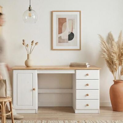 Idimex Bureau MANAGER L 145 cm en bois massif coloris blanc et chêne espace de rangement avec 4 tiroirs et 1 porte battante Blanc - Publicité Idimex Bureau MANAGER L 145 cm en bois massif coloris blanc et chêne espace de rangement avec 4 tiroirs et 1 porte battante Blanc - Publicité