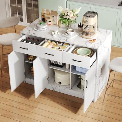MERAX Buffet de Cuisine - Effet Marbre - Bar Intégré - 3 Tiroirs - Etagères Réglables - 120x60x905 cm - Îlot Central de Cuisine Blanc Blanc - Publicité MERAX Buffet de Cuisine - Effet Marbre - Bar Intégré - 3 Tiroirs - Etagères Réglables - 120x60x905 cm - Îlot Central de Cuisine Blanc Blanc - Publicité