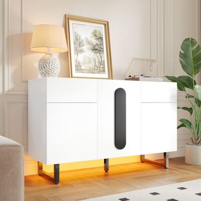 LEMONBEST Buffet Bas Blanc LED 120cm Meuble Salle à Manger Moderne avec Étagères Réglables 2 Tiroirs de Rangement 3 Portes Pieds en Métal Blanc - Publicité LEMONBEST Buffet Bas Blanc LED 120cm Meuble Salle à Manger Moderne avec Étagères Réglables 2 Tiroirs de Rangement 3 Portes Pieds en Métal Blanc - Publicité