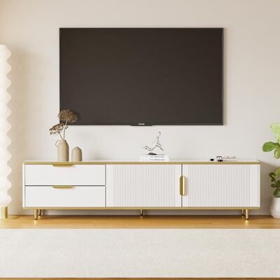 NECHE Armoire TV Blanc Moderne Meuble TV Elégant 2 Portes 2 Tiroirs Structure en MarbreTexture SculptéePoignées Dorés 175x40x45cm Blanc - Publicité NECHE Armoire TV Blanc Moderne Meuble TV Elégant 2 Portes 2 Tiroirs Structure en MarbreTexture SculptéePoignées Dorés 175x40x45cm Blanc - Publicité