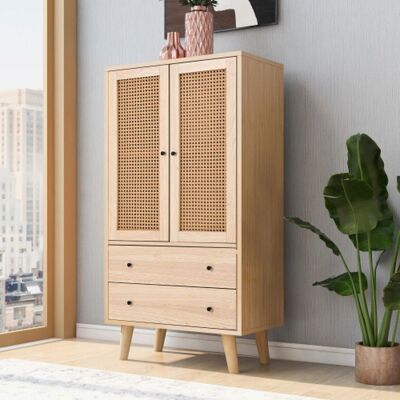 KoDise Buffet de salon buffet haut - chêne - avec 2 portes en rotin et 2 tiroirs - poignées noires - pour salon et cuisine Beige - Publicité KoDise Buffet de salon buffet haut - chêne - avec 2 portes en rotin et 2 tiroirs - poignées noires - pour salon et cuisine Beige - Publicité