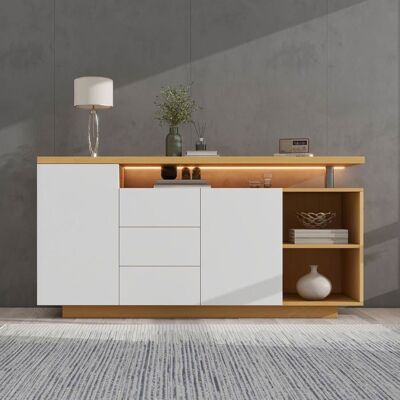 Buffet bas - LEMONBEST - Buffet salon multifonction - Blanc+Chêne - 3 tiroirs & 2 portes - LED Blanc - Publicité Buffet bas - LEMONBEST - Buffet salon multifonction - Blanc+Chêne - 3 tiroirs & 2 portes - LED Blanc - Publicité
