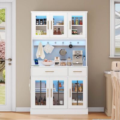 LEMONBEST Buffet de Cuisine Haute 180 cm avec Éclairage LED 6 Portes 2 Tiroirs de Rangement Étagères Réglables - Style Campagnard - Blanc Blanc - Publicité LEMONBEST Buffet de Cuisine Haute 180 cm avec Éclairage LED 6 Portes 2 Tiroirs de Rangement Étagères Réglables - Style Campagnard - Blanc Blanc - Publicité