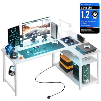 COMHOMA Bureau Gaming en Forme de L Blanc - Étagères Rangement - Port de Charge USB - Prise de Courant Blanc - Publicité COMHOMA Bureau Gaming en Forme de L Blanc - Étagères Rangement - Port de Charge USB - Prise de Courant Blanc - Publicité