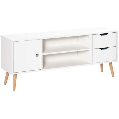 Meuble tv - HOMCOM - banc télé style scandinave placard 2 niches 2 tiroirs passe-fils - bois pin - blanc naturel Blanc - Publicité Meuble tv - HOMCOM - banc télé style scandinave placard 2 niches 2 tiroirs passe-fils - bois pin - blanc naturel Blanc - Publicité