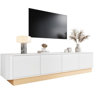 OEM Meuble TV luxueux - 200 cm - 4 portes - Étagères réglables - Coins arrondis - MDF haute densité Blanc - Publicité OEM Meuble TV luxueux - 200 cm - 4 portes - Étagères réglables - Coins arrondis - MDF haute densité Blanc - Publicité