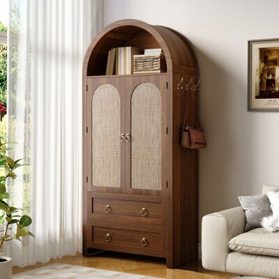 LEMONBEST Armoire vintage en rotin arche 80x40x180cm Meuble rangement ventilé avec crochets latéraux 2 tiroirs étagère ouverte - salon chambre Marron - Publicité LEMONBEST Armoire vintage en rotin arche 80x40x180cm Meuble rangement ventilé avec crochets latéraux 2 tiroirs étagère ouverte - salon chambre Marron - Publicité