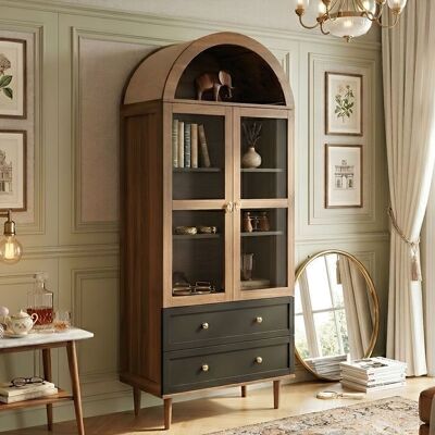 Buffet Haut 70x38x165cm - Vitrine Arquée - Design Rétro - Rangement Flexible - MDF Noyer - Publicité Buffet Haut 70x38x165cm - Vitrine Arquée - Design Rétro - Rangement Flexible - MDF Noyer - Publicité