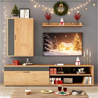 LEMONBEST Meuble TV en bois 140 cm Ensemble de meuble TV avec Vitrine et Armoire Murale - Montage Suspendu et Posé - Couleur Bois et Noir Marron - Publicité LEMONBEST Meuble TV en bois 140 cm Ensemble de meuble TV avec Vitrine et Armoire Murale - Montage Suspendu et Posé - Couleur Bois et Noir Marron - Publicité