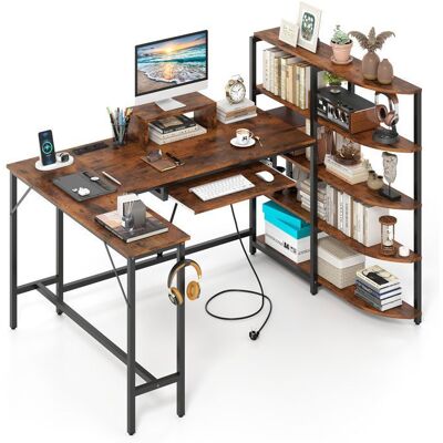 COSTWAY Bureau d’Angle L avec Étagères de Rangement - avec Multiprise et Station de Charge - Support pour Moniteur Marron - Publicité COSTWAY Bureau d’Angle L avec Étagères de Rangement - avec Multiprise et Station de Charge - Support pour Moniteur Marron - Publicité
