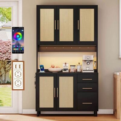 LEMONBEST Buffet de cuisine de 183cm rotin tressé avec LED multicolore et port USB 3 tiroirs 5 portes de rangement et étagères réglables Noir Noir - Publicité LEMONBEST Buffet de cuisine de 183cm rotin tressé avec LED multicolore et port USB 3 tiroirs 5 portes de rangement et étagères réglables Noir Noir - Publicité