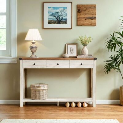 VASAGLE Console Table dEntrée avec 3 Tiroirs et Étagère de Rangement pour Entrée Salon Style Campagnard Marron et Blanc Blanc - Publicité VASAGLE Console Table dEntrée avec 3 Tiroirs et Étagère de Rangement pour Entrée Salon Style Campagnard Marron et Blanc Blanc - Publicité