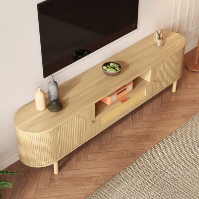 OEM Meuble TV moderne - Design arrondi élégant - Tiroirs en rotin - Compartiments ouverts - Pieds en métal aspect bois Marron - Publicité OEM Meuble TV moderne - Design arrondi élégant - Tiroirs en rotin - Compartiments ouverts - Pieds en métal aspect bois Marron - Publicité