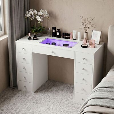 FENCHILIN Coiffeuse LED Éclairage RGB 11 Tiroirs Blanc 130 x 81 x 55 cm Blanc - Publicité FENCHILIN Coiffeuse LED Éclairage RGB 11 Tiroirs Blanc 130 x 81 x 55 cm Blanc - Publicité