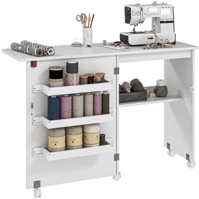 Table de couture pliante - HOMCOM - à abattant - bacs de rangement étagère ouverte et roulettes - dim. 117 x 40 x 775 cm - blanc Beige - Publicité Table de couture pliante - HOMCOM - à abattant - bacs de rangement étagère ouverte et roulettes - dim. 117 x 40 x 775 cm - blanc Beige - Publicité