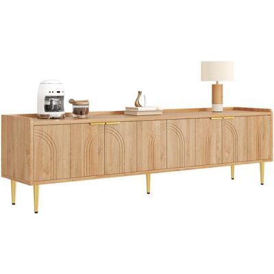 OEM Meuble TV moderne - Design sculptural en bois - Poignées dorées élégantes - Pieds en métal dorés Beige - Publicité OEM Meuble TV moderne - Design sculptural en bois - Poignées dorées élégantes - Pieds en métal dorés Beige - Publicité