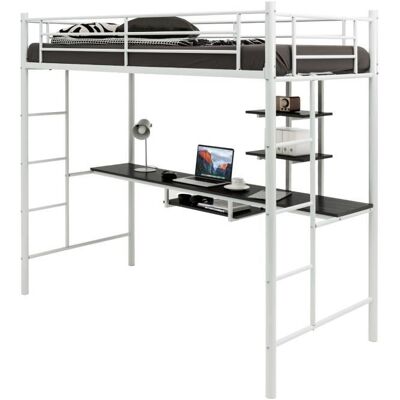 COSTWAY Lit Mezzanine en Métal avec Bureau 90 x 190 CM avec 2 Etagères 2 Échelles Garde-Corps sur Toute la Longueur Blanc Blanc - Publicité COSTWAY Lit Mezzanine en Métal avec Bureau 90 x 190 CM avec 2 Etagères 2 Échelles Garde-Corps sur Toute la Longueur Blanc Blanc - Publicité