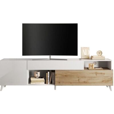 Meuble Tv - MONTECARLO XXL - 1 porte - 2 tiroirs - Blanc laqué / Chêne Cadiz - 241 x 43 x 67 cm Marron - Publicité Meuble Tv - MONTECARLO XXL - 1 porte - 2 tiroirs - Blanc laqué / Chêne Cadiz - 241 x 43 x 67 cm Marron - Publicité