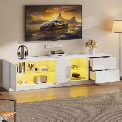 Lemonbest Meuble TV blanc avec éclairage LED 160 x 40 x 52 cm Meuble tv bas moderne avec 2 tiroirs et 1 armoire pour 65 TV Blanc - Publicité Lemonbest Meuble TV blanc avec éclairage LED 160 x 40 x 52 cm Meuble tv bas moderne avec 2 tiroirs et 1 armoire pour 65 TV Blanc - Publicité