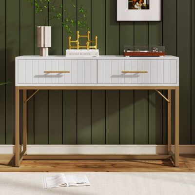 MERAX Console d’entrée blanche avec 2 tiroirs et pieds dorés meuble moderne rainuré pour hall et salon 100 x 45 x75 cm Blanc - Publicité MERAX Console d’entrée blanche avec 2 tiroirs et pieds dorés meuble moderne rainuré pour hall et salon 100 x 45 x75 cm Blanc - Publicité