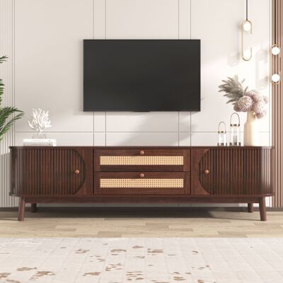 LEMONBEST Meuble TV en bois 170 x 395 x 46 cm avec 2 portes et 2 tiroirs en rotin Meubles de salon moderne Style maison de campagne naturel Marron - Publicité LEMONBEST Meuble TV en bois 170 x 395 x 46 cm avec 2 portes et 2 tiroirs en rotin Meubles de salon moderne Style maison de campagne naturel Marron - Publicité