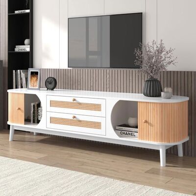 Lemonbest Meuble TV en bois naturel 170 cm avec portes et tiroirs Support TV avec côtés en rotin Style campagne naturel Blanc+bois Blanc - Publicité Lemonbest Meuble TV en bois naturel 170 cm avec portes et tiroirs Support TV avec côtés en rotin Style campagne naturel Blanc+bois Blanc - Publicité