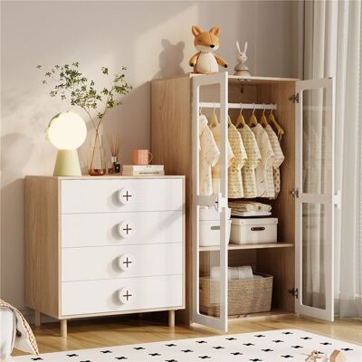 SENSBUN Armoire chambre enfant avec commode 80x50x170 cm dressing enfant armoire avec 2 portes 4 tiroirs étagère réglable bois naturel Blanc - Publicité SENSBUN Armoire chambre enfant avec commode 80x50x170 cm dressing enfant armoire avec 2 portes 4 tiroirs étagère réglable bois naturel Blanc - Publicité