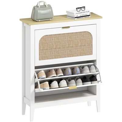 Meuble chaussures - HOMCOM - 14 paires - 2 tiroirs rabattables portes effet cannage - panneau de particules - 80x24x955cm - blanc Blanc - Publicité Meuble chaussures - HOMCOM - 14 paires - 2 tiroirs rabattables portes effet cannage - panneau de particules - 80x24x955cm - blanc Blanc - Publicité