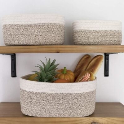 Panier de Rangement Salle de Bain - 3Pcs - Coton Tissé - Blanc + Marron Gris - Publicité Panier de Rangement Salle de Bain - 3Pcs - Coton Tissé - Blanc + Marron Gris - Publicité