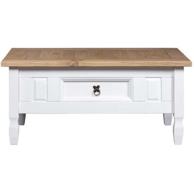 Table basse - QIILU - Gamme Corona - Bois de pin massif - 100x55x45 cm - Tiroir inclus Blanc - Publicité Table basse - QIILU - Gamme Corona - Bois de pin massif - 100x55x45 cm - Tiroir inclus Blanc - Publicité