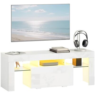 Meuble TV - HOMCOM - éclairage LED RGB haute brillance étagères en verre trempé placard rabattable - MDF - 120x34x45cm - blanc Blanc - Publicité Meuble TV - HOMCOM - éclairage LED RGB haute brillance étagères en verre trempé placard rabattable - MDF - 120x34x45cm - blanc Blanc - Publicité