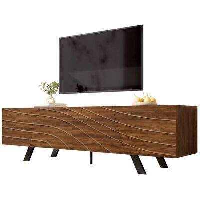 OEM Meuble TV moderne - Façade ondulée - Aspect noyer - 160x39x50.5 cm - Pieds en fer noir - Grand espace de rangement Marron - Publicité OEM Meuble TV moderne - Façade ondulée - Aspect noyer - 160x39x50.5 cm - Pieds en fer noir - Grand espace de rangement Marron - Publicité