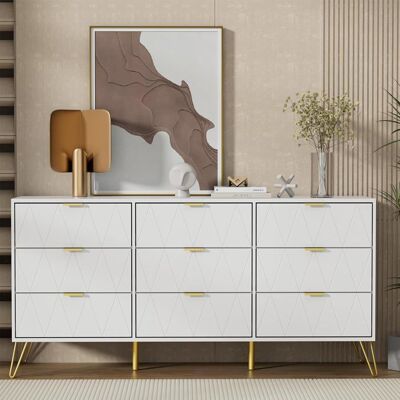 GOOBUY Commode avec 9 Tiroirs Motif Ligne Style Scandinave Manches et Pieds en Couleur Dorée 150 x 34 x 74 cm Blanc Blanc - Publicité GOOBUY Commode avec 9 Tiroirs Motif Ligne Style Scandinave Manches et Pieds en Couleur Dorée 150 x 34 x 74 cm Blanc Blanc - Publicité